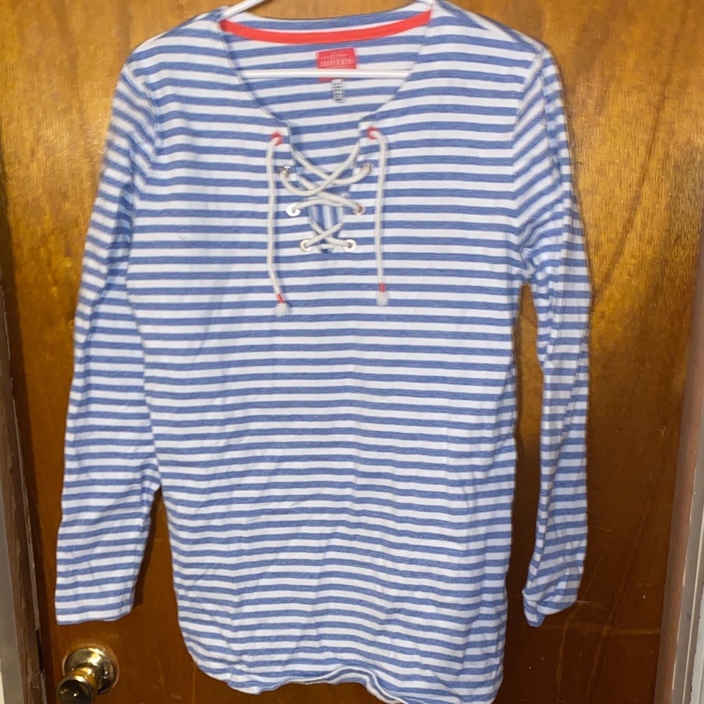Joules Blue and White Striped Lace-Up Long Sleeve Tee